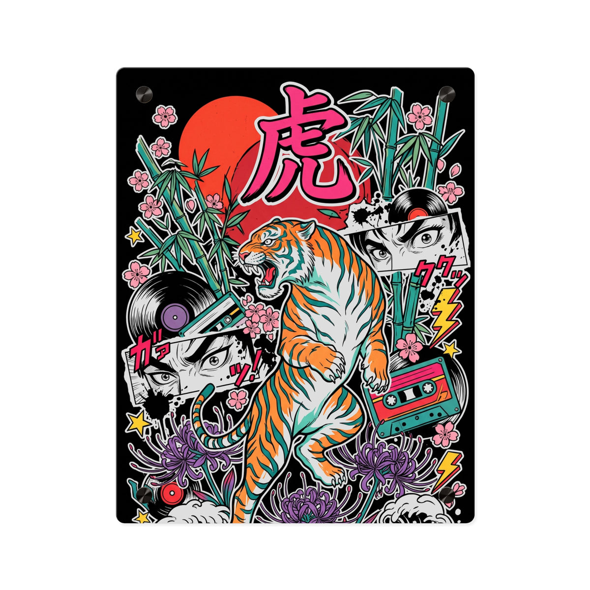TORA TIGER acrylic wall art panel, front view with a roaring tiger on black | Formless