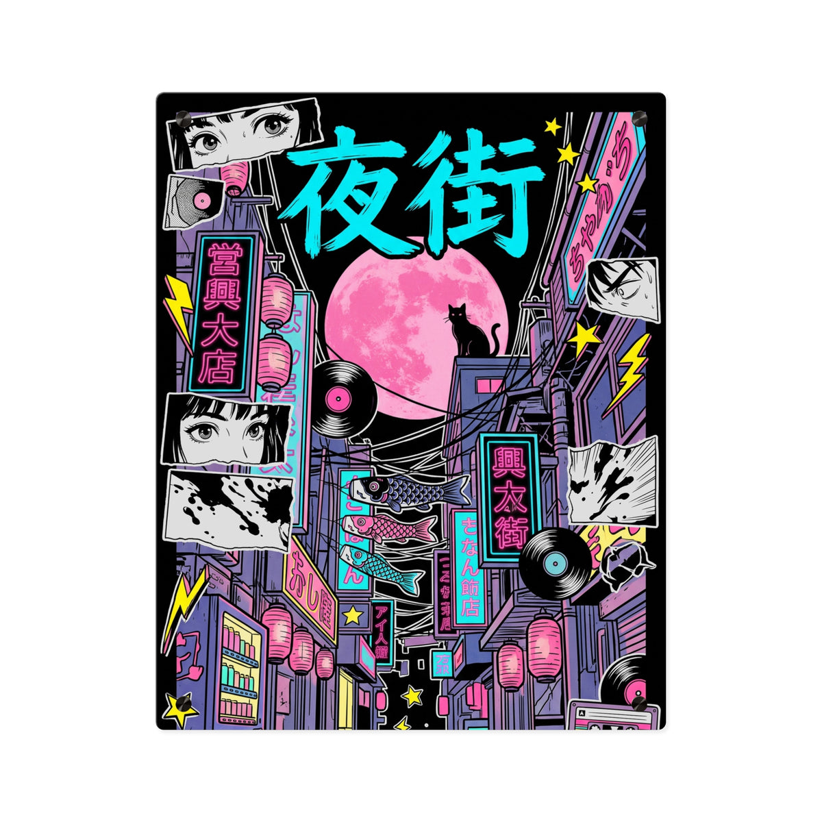 YORU MACHI NEON ALLEY acrylic wall art panel, front view close-up with a neon Tokyo alley | Formless