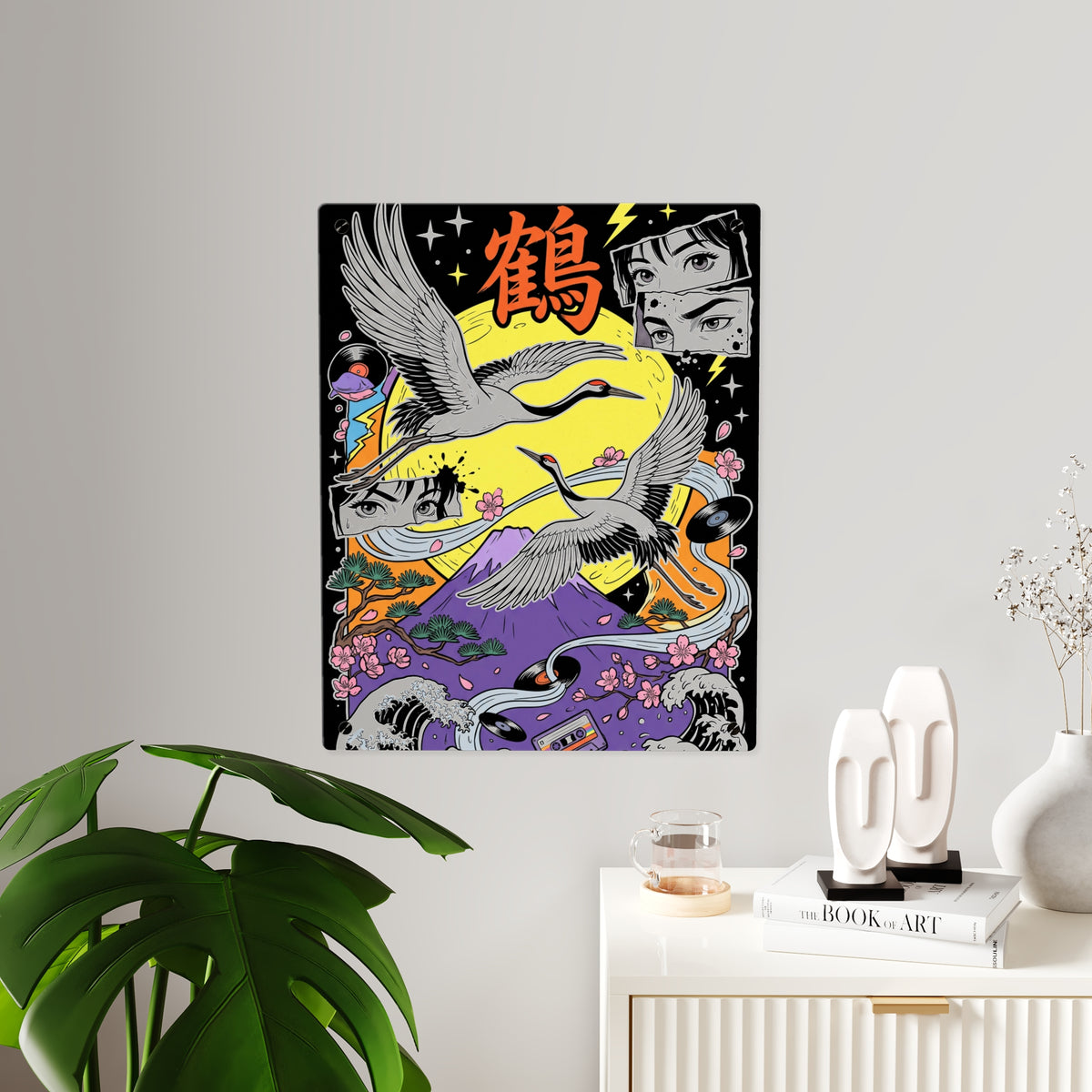 TSURU CRANES & FUJI acrylic wall art panel, larger panel on a white wall beside a plant and sideboard | Formless
