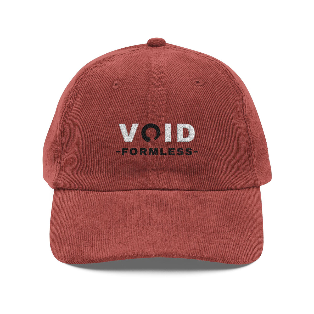 VOID corduroy cap in Burgundy, front: V◯ID ensō embroidery in white and black thread | Formless