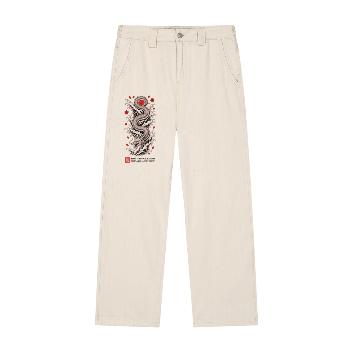 RYŪ ecru straight leg jeans with dragon, red sun and sakura panel printed on the right thigh – front | Formless