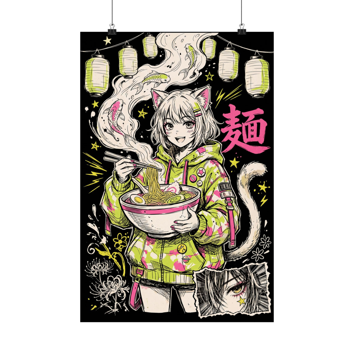 RAMEN NEKO hand-drawn Japanese art poster, front view with a cat-eared girl eating ramen, hung on clips | Formless