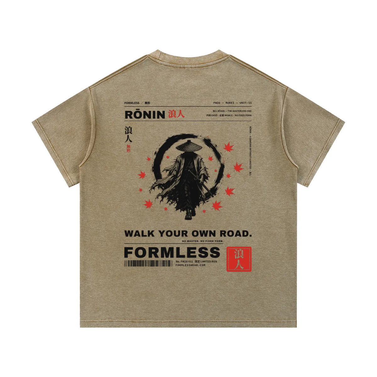 RŌNIN washed waffle knit tee in Khaki, back graphic | Formless