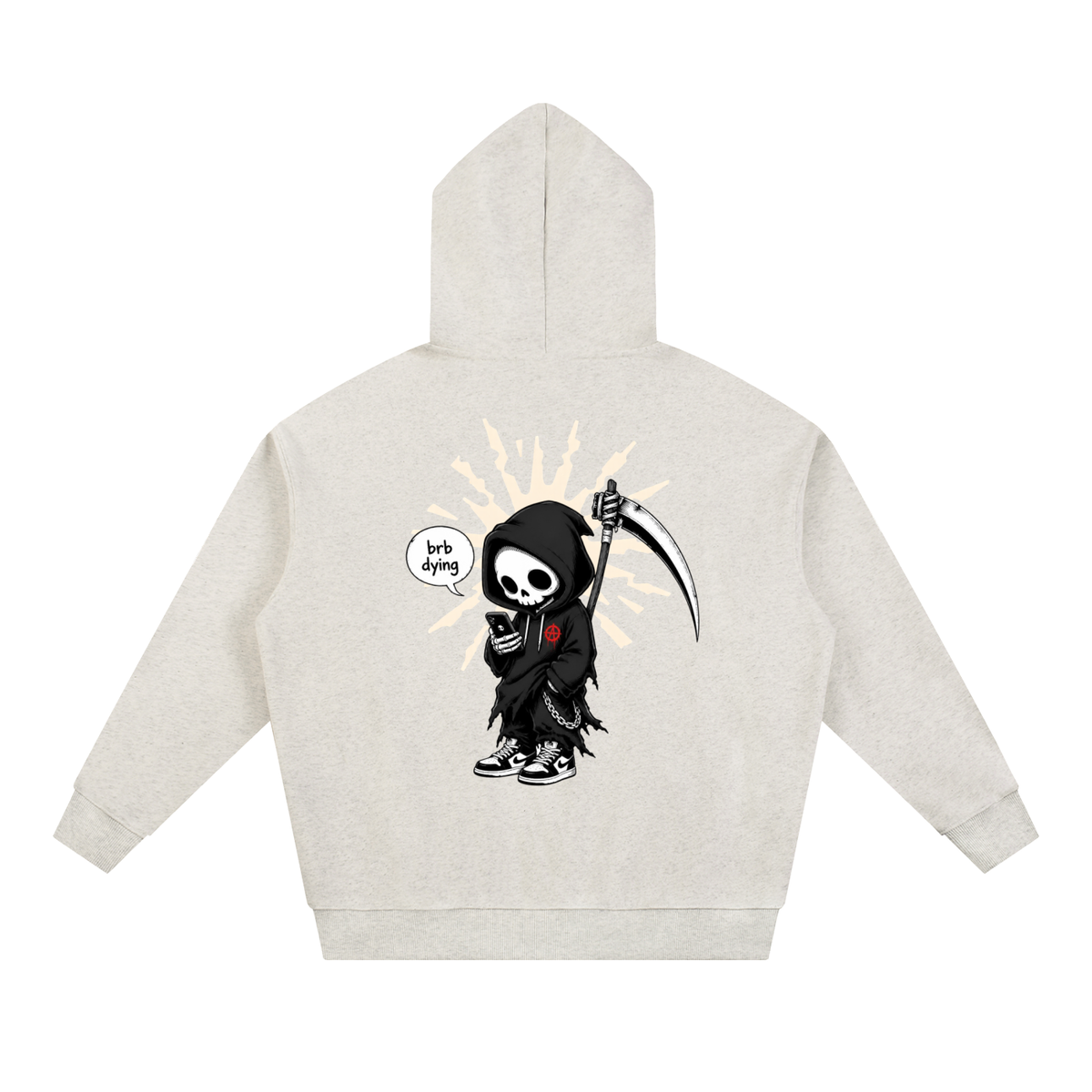 BRB Dying grim reaper hoodie streetwear - detail view