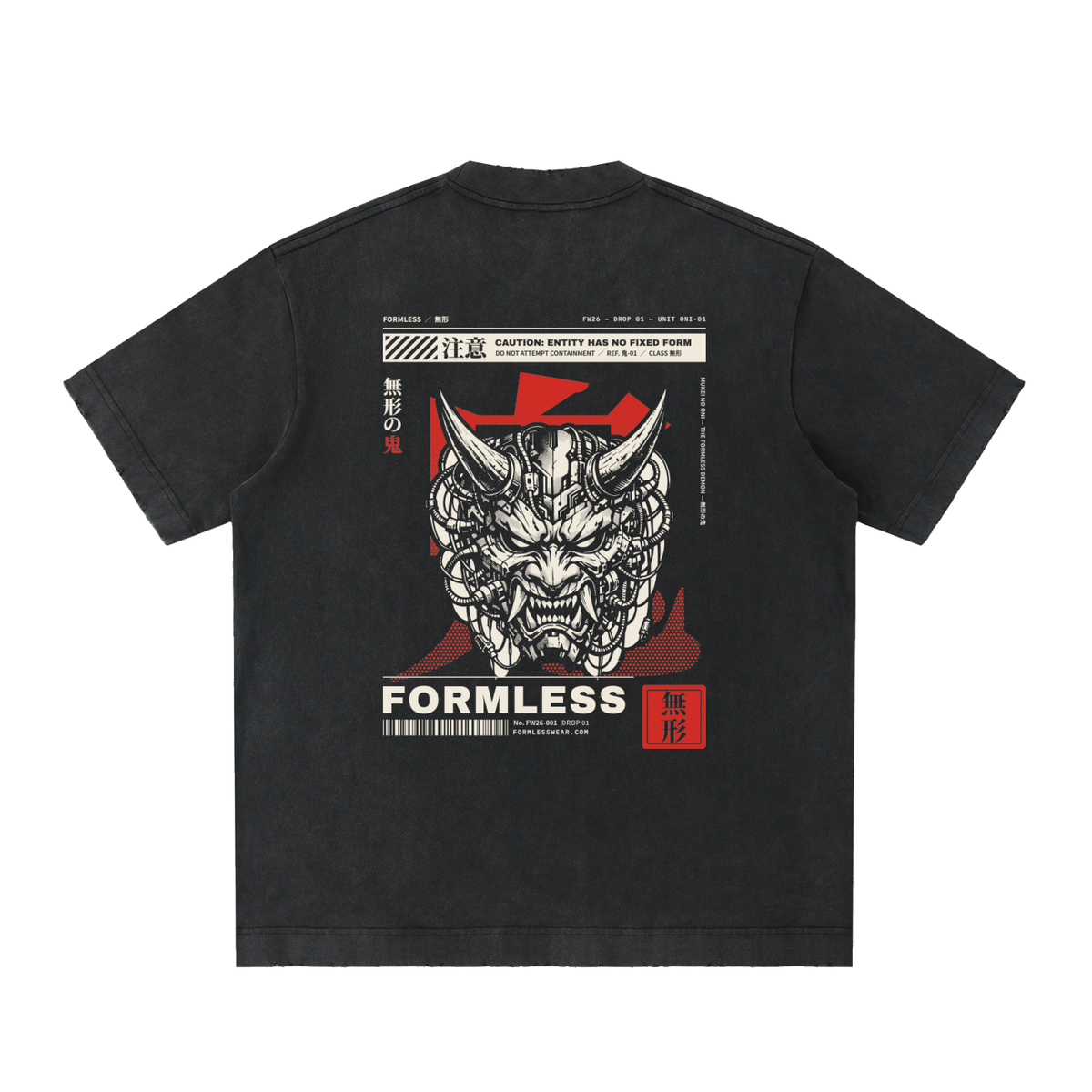 ONI heavyweight vintage washed frayed tee with horned oni mask back graphic and FORMLESS type – back | Formless