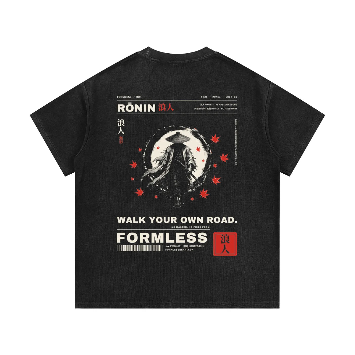 RŌNIN washed waffle knit tee in Black, back graphic | Formless