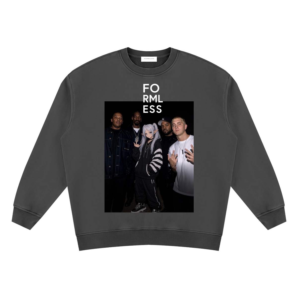 ALBUM vintage wash fleece sweatshirt in Black, flat front view with photo graphic and stacked FORMLESS lettering | Formless