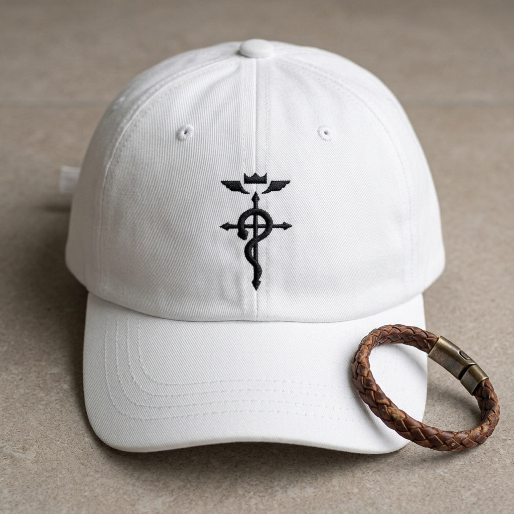 Embroidered cotton twill dad cap in White with a leather bracelet, front view | Formless