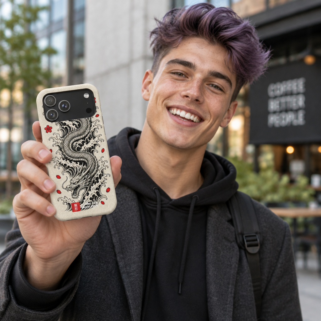 RYŪ dragon magnetic tough phone case held up by a smiling person on a city street | Formless