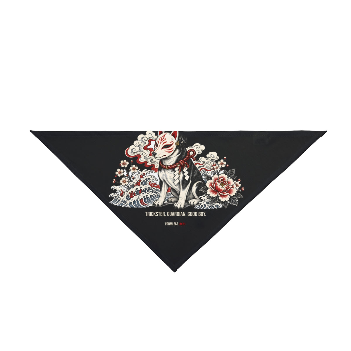 KITSUNE dog bandana in black with fox-mask guardian dog and flowers print, flat front view | Formless