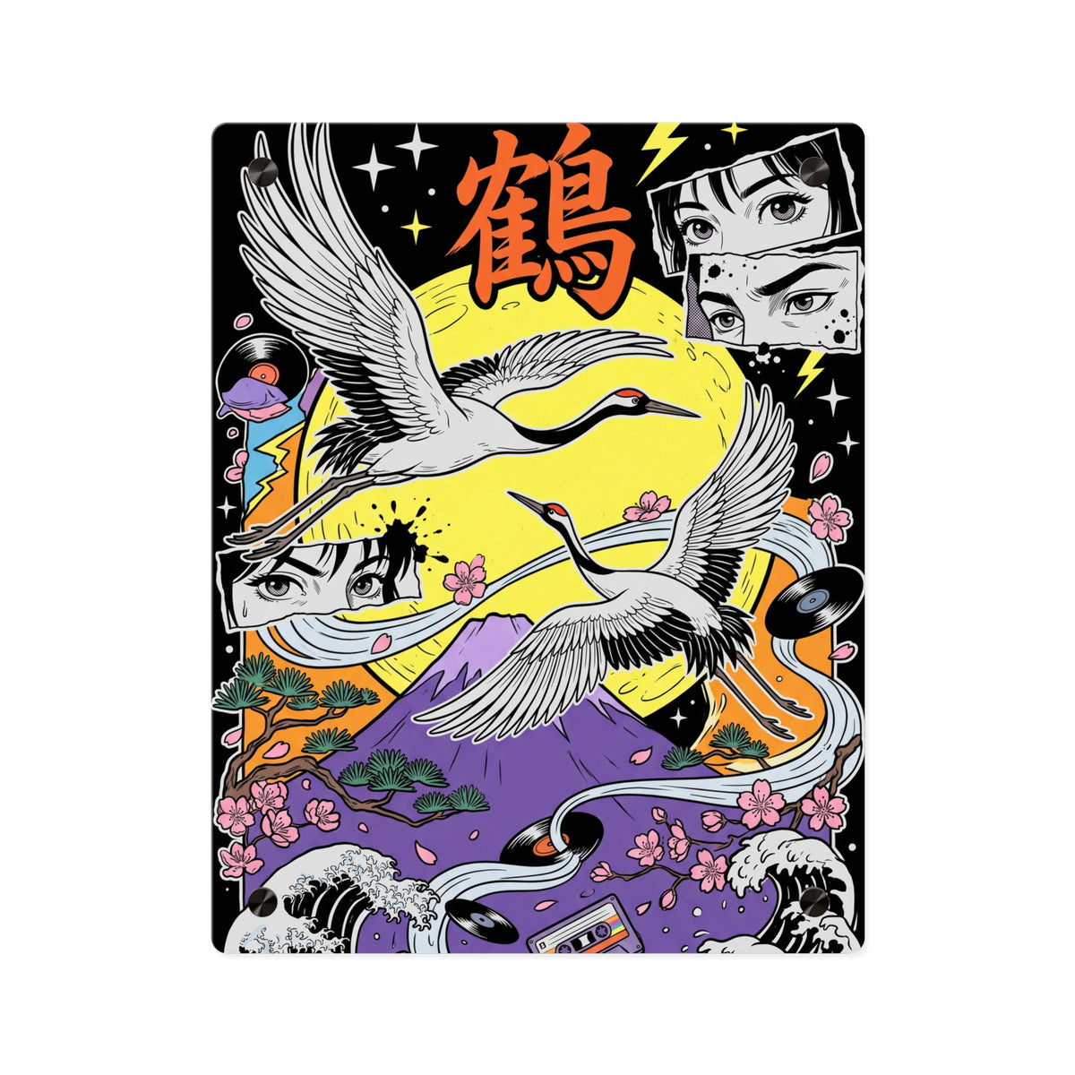 TSURU CRANES & FUJI acrylic wall art panel, front view with cranes and Mt Fuji on black | Formless