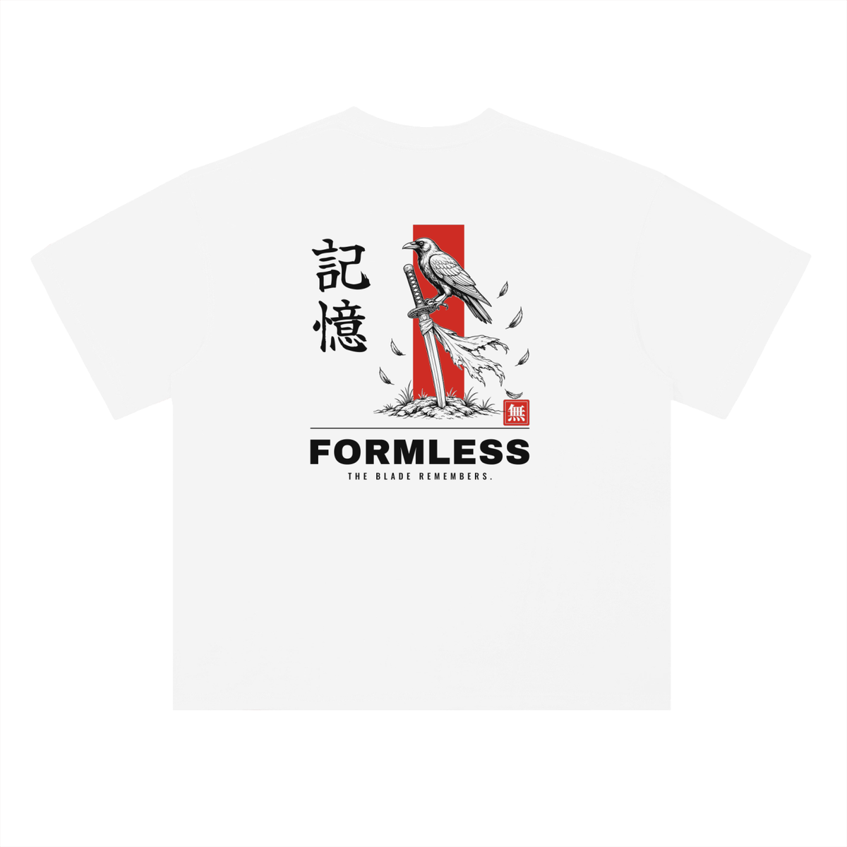 KIOKU heavyweight boxy graphic tee in White, flat back view with crow and katana print | Formless