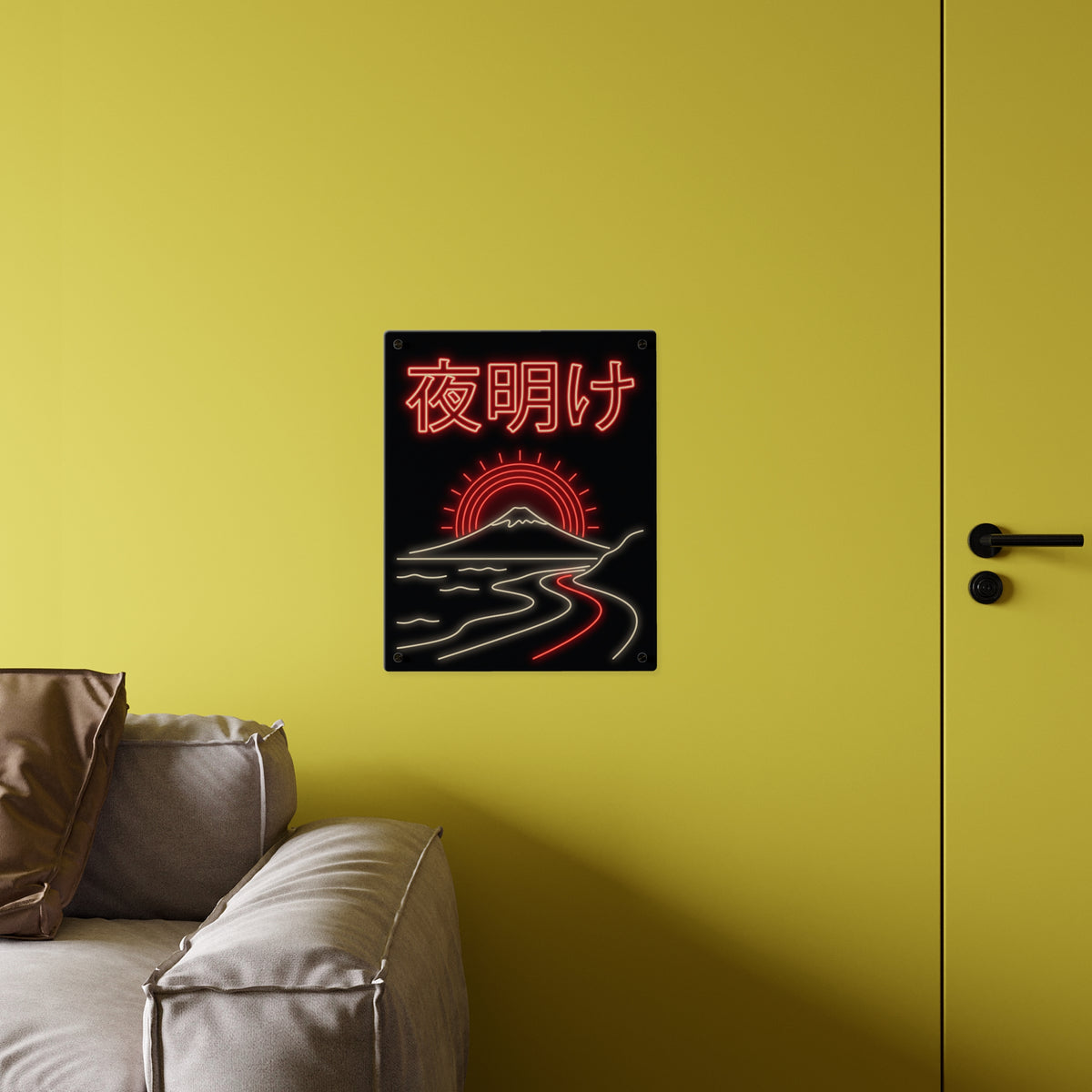 YOAKE DAWN RUN acrylic wall art panel, larger panel on a yellow wall above a sofa | Formless