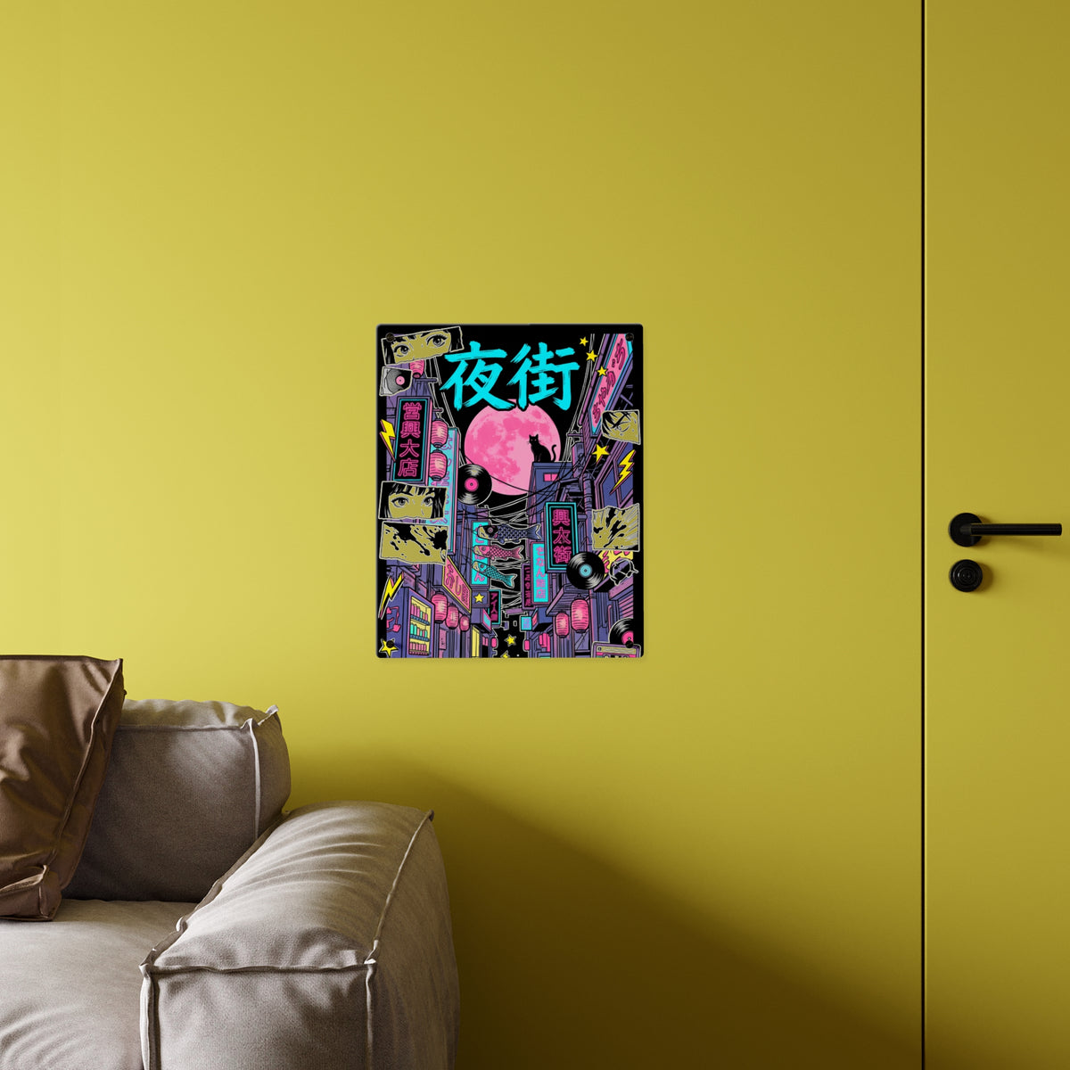 YORU MACHI NEON ALLEY acrylic wall art panel, larger panel on a yellow wall above a sofa | Formless