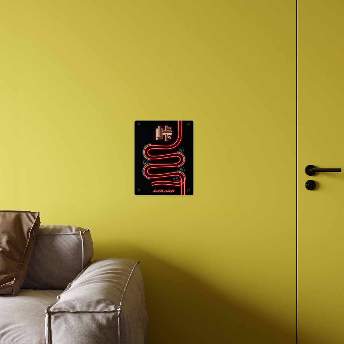 TOUGE MOUNTAIN PASS acrylic wall art panel on a yellow wall above a sofa | Formless