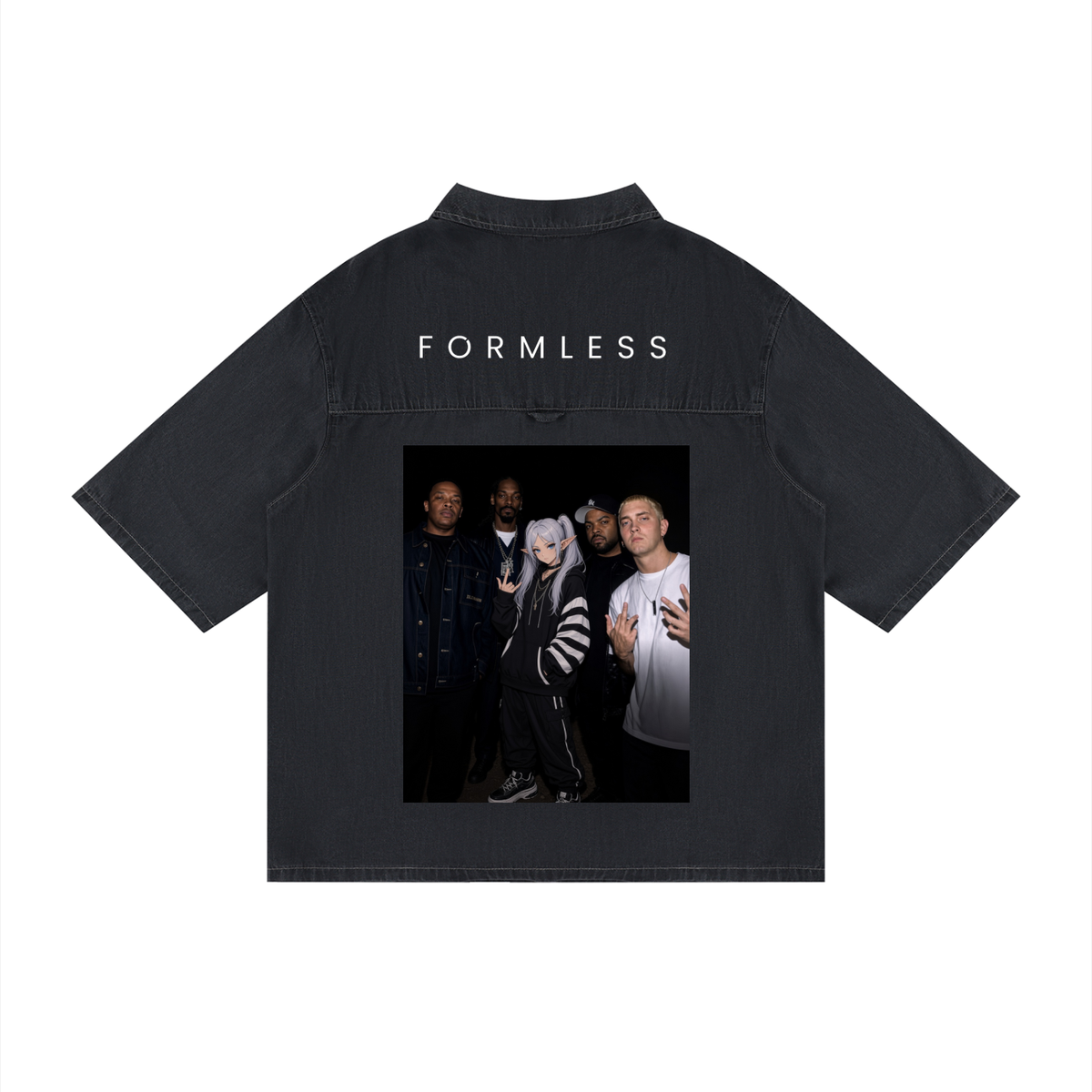 ALBUM vintage wash lyocell camp shirt in Black, flat back view with photo graphic and FORMLESS lettering | Formless