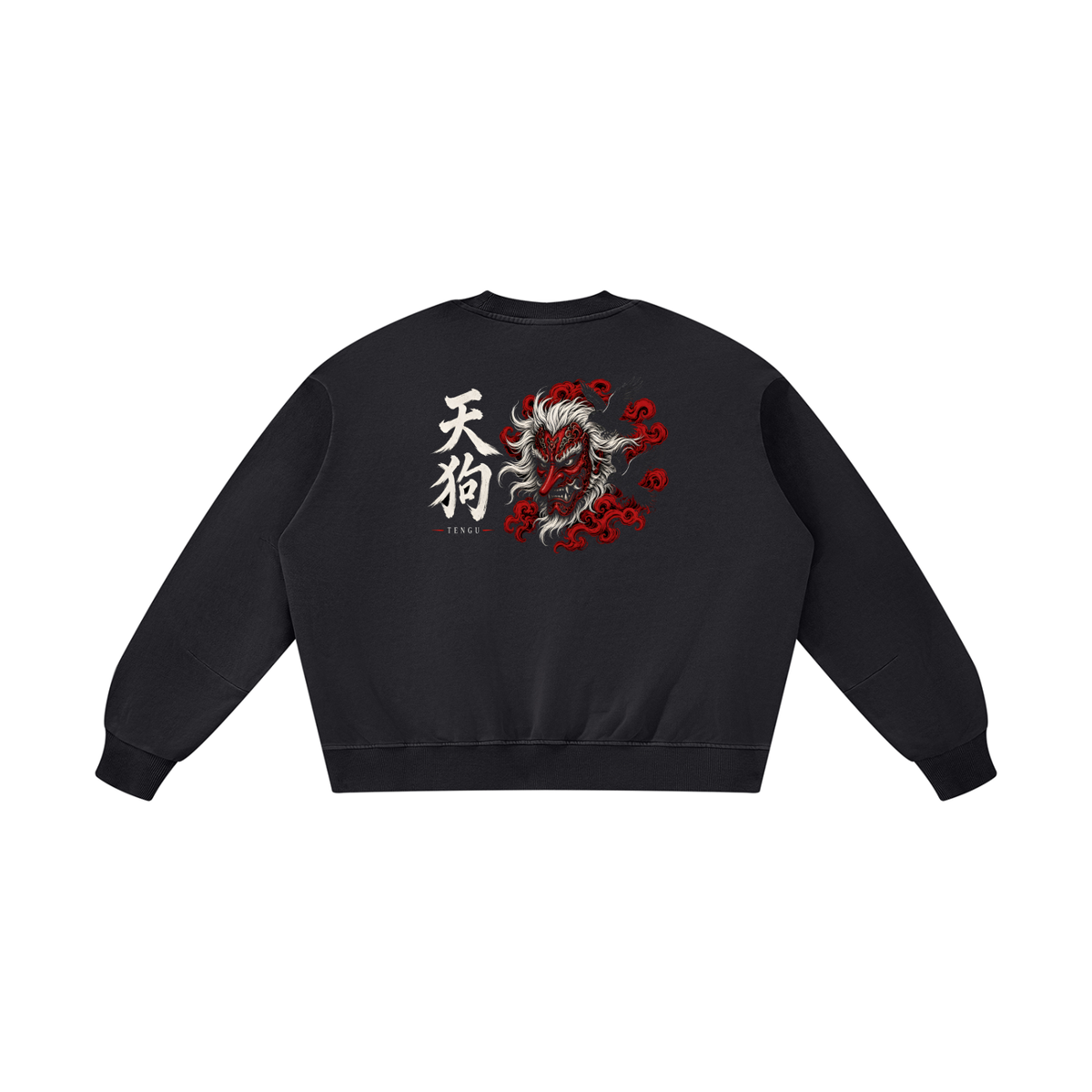 TENGU 天狗 distressed sweatshirt in black, back view: a tengu mountain goblin mask ringed by crows, with 天狗 kanji | Formless