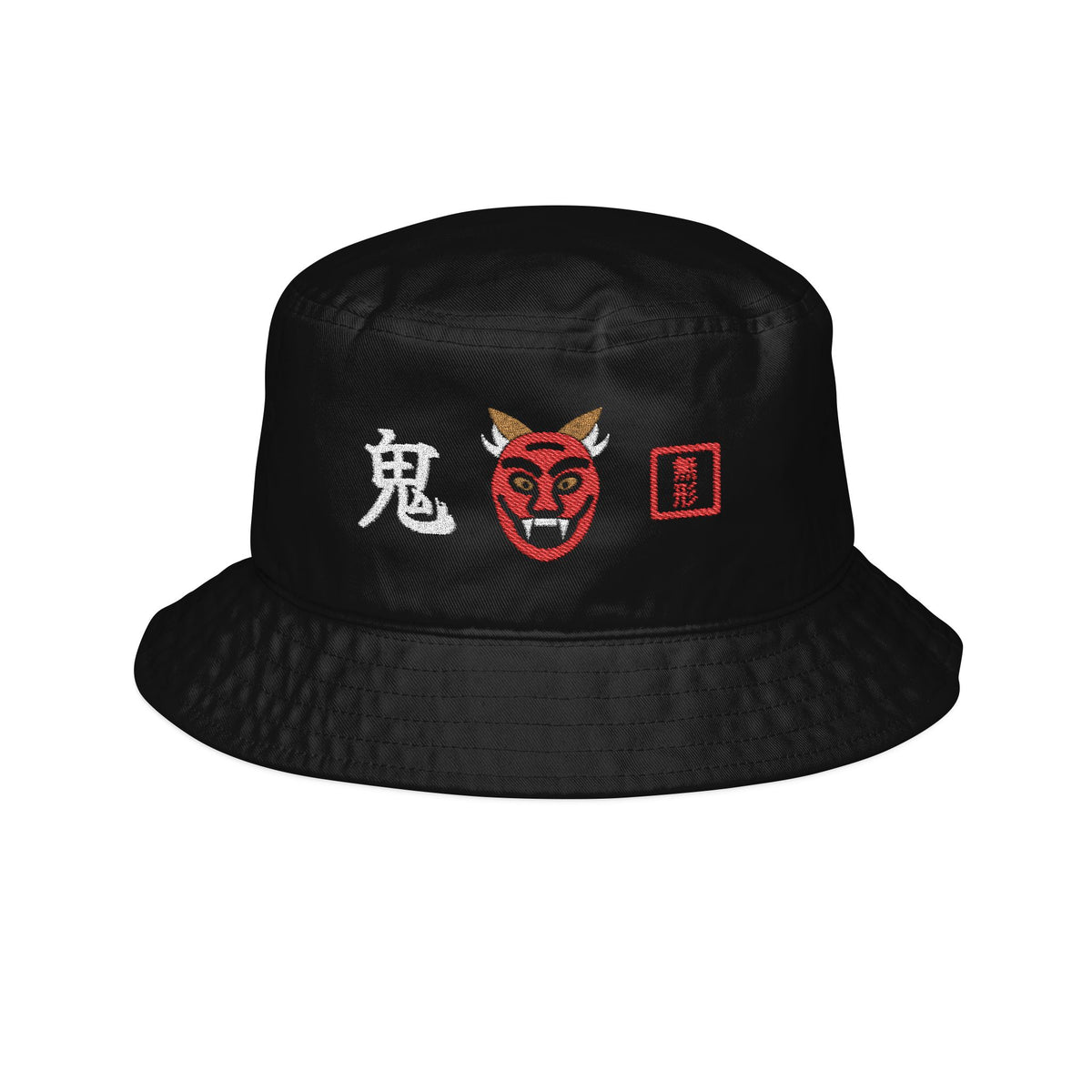 Black Formless embroidered bucket hat with white 鬼 oni kanji, red oni mask and red 無形 seal