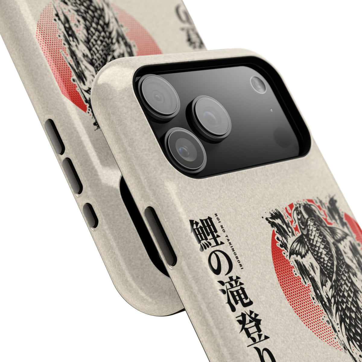 KOI magnetic tough phone case with koi, waterfall and red sun artwork, iPhone 18 Pro Max camera close-up | Formless