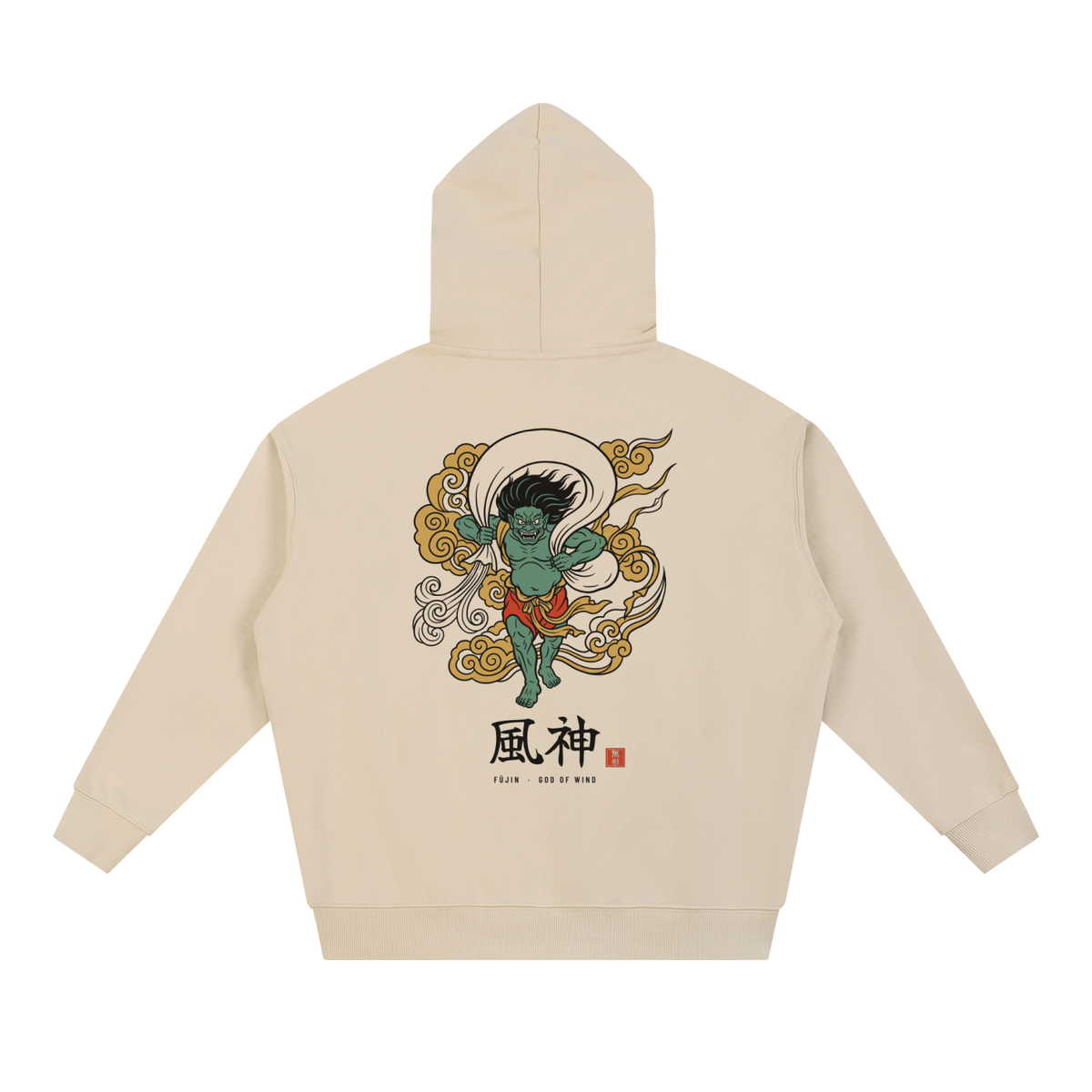 FŪJIN 風神 heavyweight hoodie in Apricot, back with wind god print