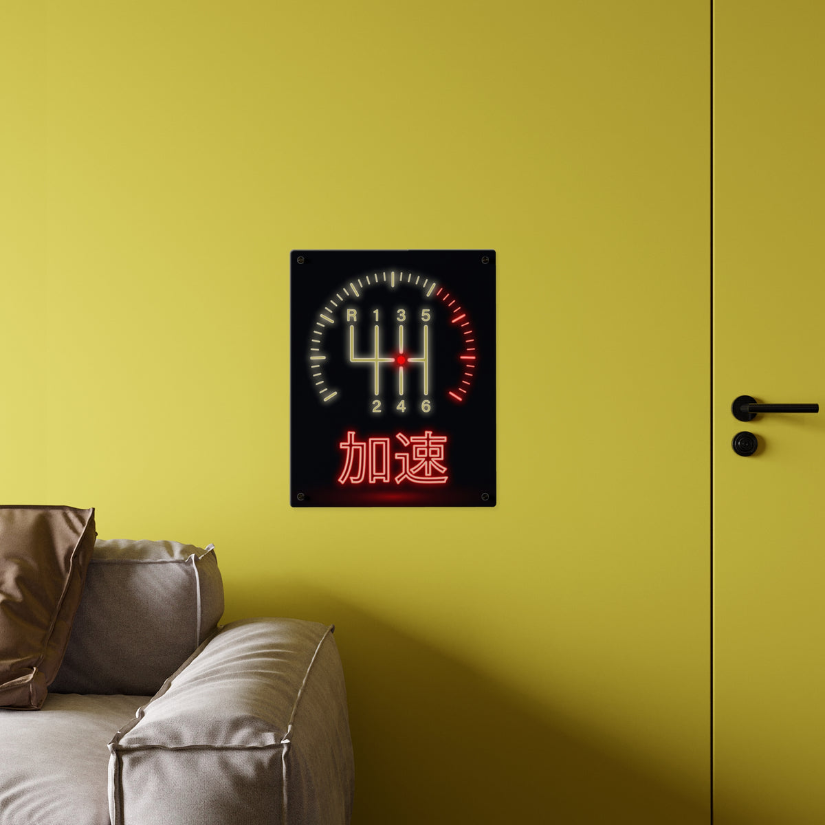 KASOKU ACCELERATE acrylic wall art panel, larger panel on a yellow wall above a sofa | Formless