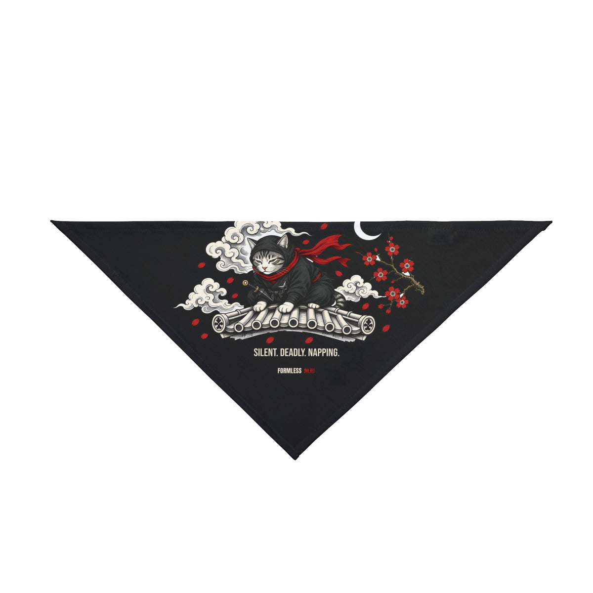 SHINOBI dog bandana in black with ninja, crescent moon and red blossoms print, flat front view | Formless