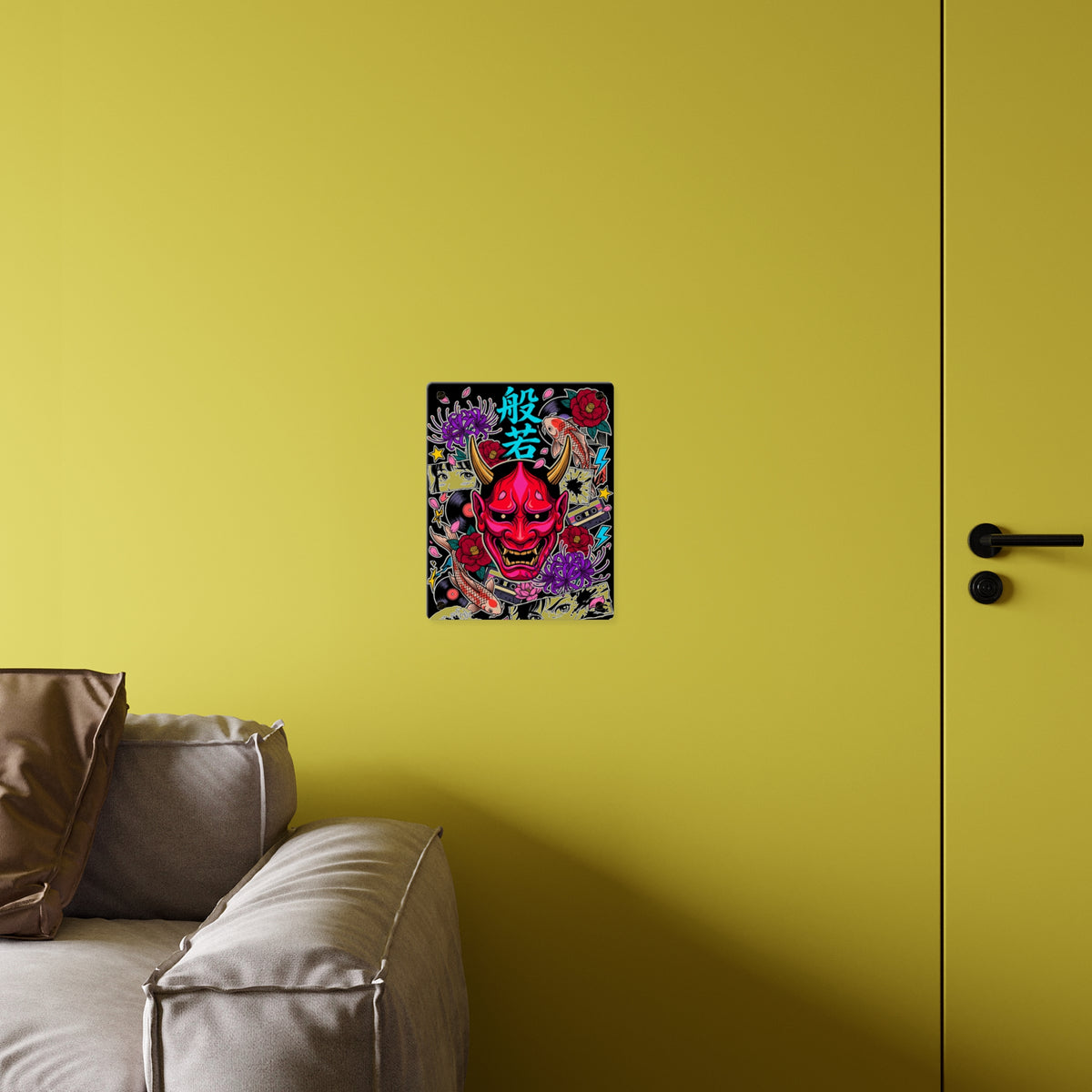 HANNYA acrylic wall art panel on a yellow wall above a sofa | Formless
