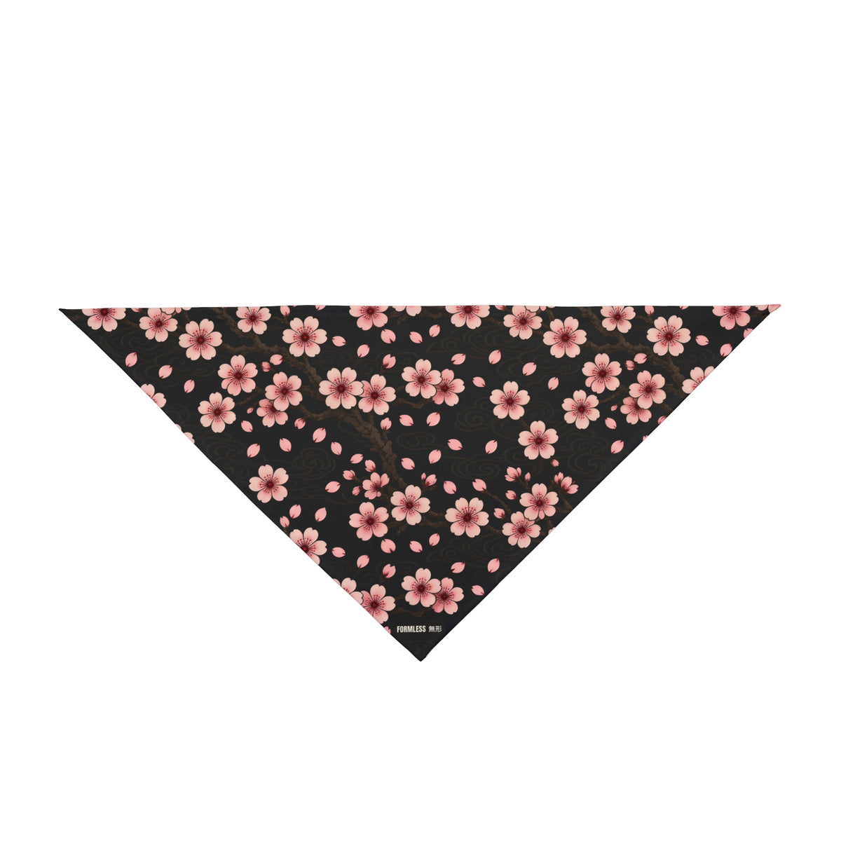 SAKURA dog bandana in black with all-over pink cherry blossom print, close-up of the print | Formless