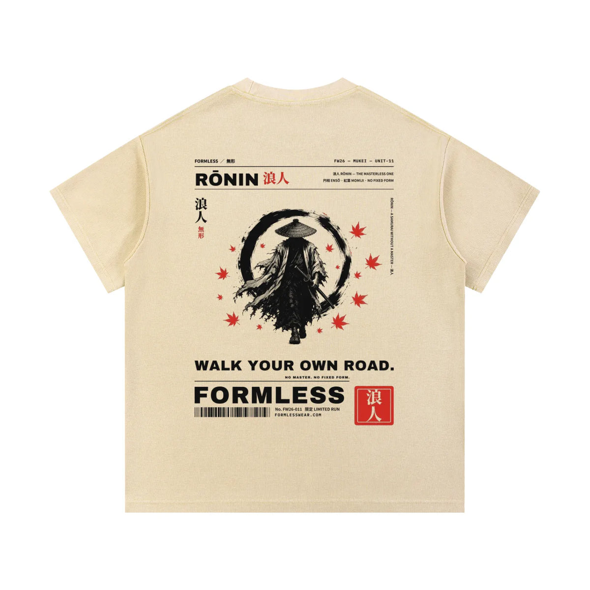 RŌNIN washed waffle knit tee in Light Apricot, back graphic | Formless