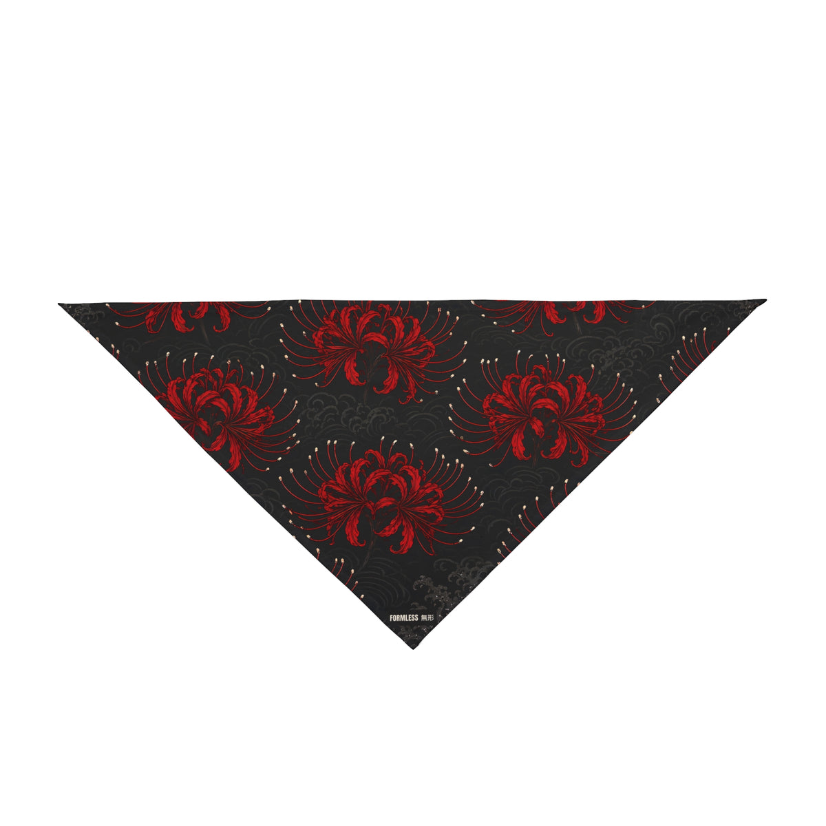 HIGANBANA dog bandana in black with all-over red spider lily print, close-up of the print | Formless
