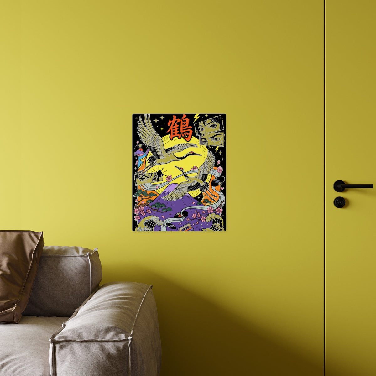 TSURU CRANES & FUJI acrylic wall art panel, larger panel on a yellow wall above a sofa | Formless