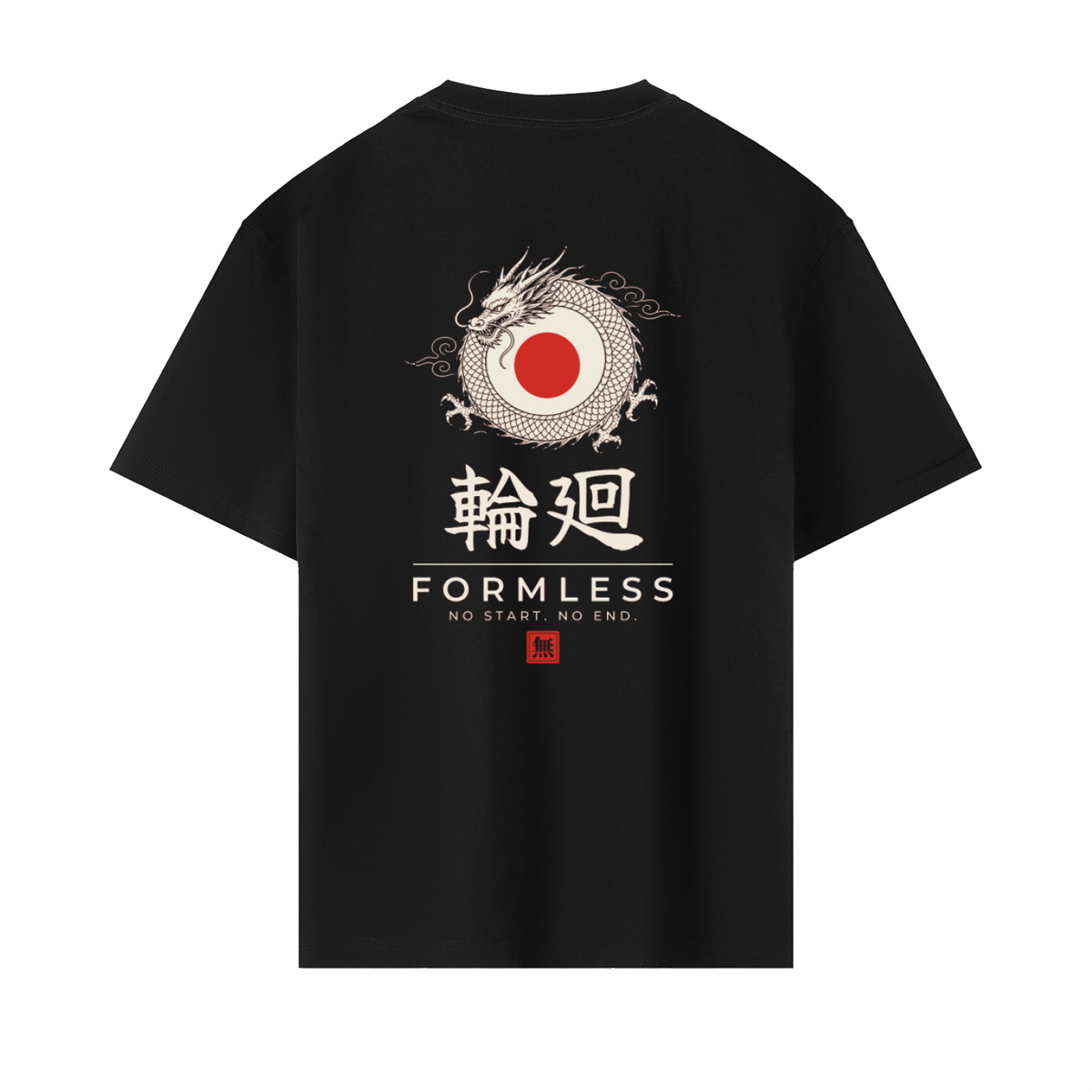 RINNE heavyweight boxy graphic tee in Black, flat back view with coiled dragon and red sun print | Formless