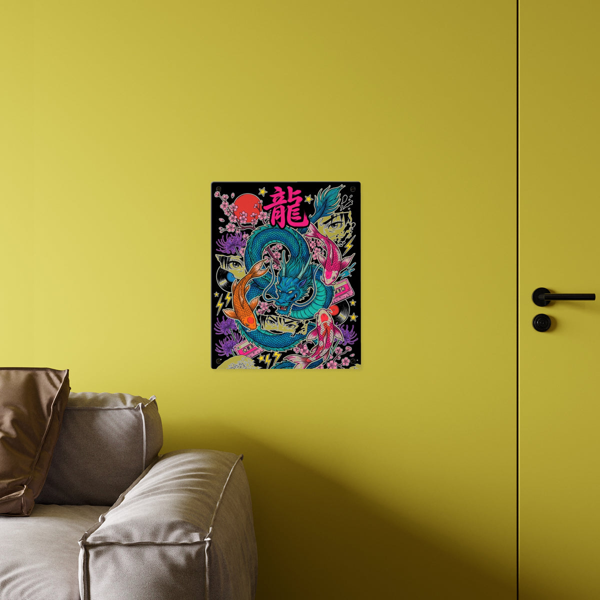 RYŪ KOI DRAGON acrylic wall art panel, larger panel on a yellow wall above a sofa | Formless