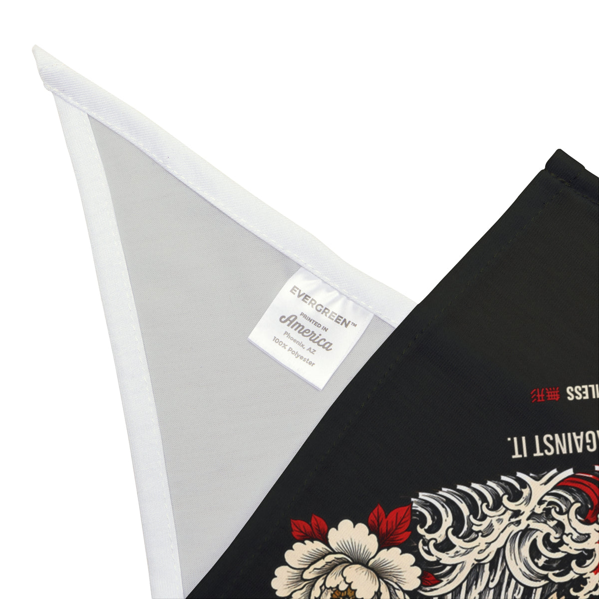 KOI dog bandana in black with red koi, waves and white flowers print, second corner detail with hem and sewn-in label | Formless