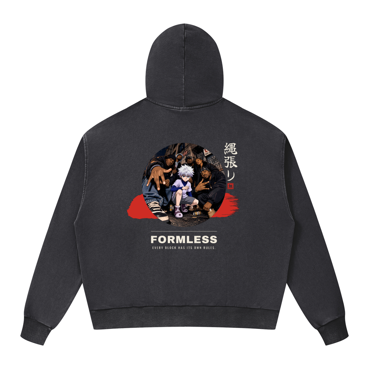 Mineral wash boxy zip hoodie in Dark Gray with circular fisheye street-scene, red brush band and 縄張り – back | Formless