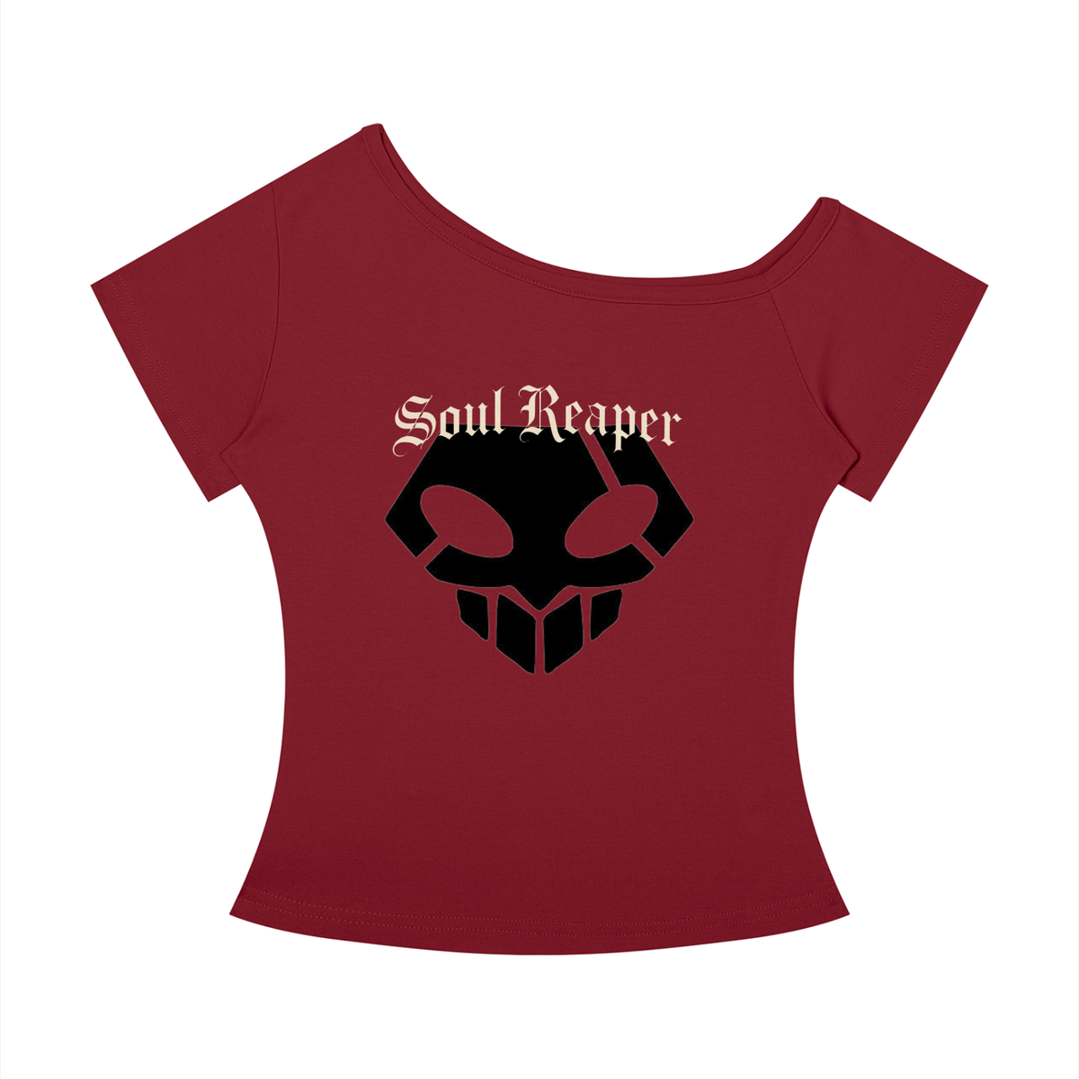 Women's text print off-the-shoulder cropped tee in Wine Red | Formless