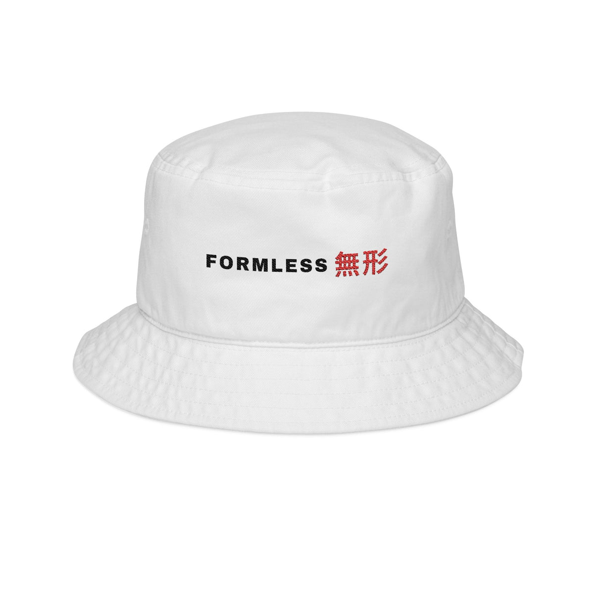 FORMLESS embroidered bucket hat in White with small FORMLESS 無形 wordmark – front | Formless