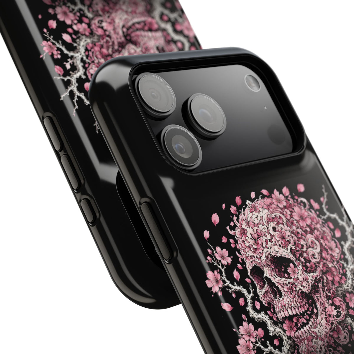 SAKURA FUBUKI magnetic tough phone case with cherry blossom skull artwork, iPhone 18 Pro Max camera close-up | Formless