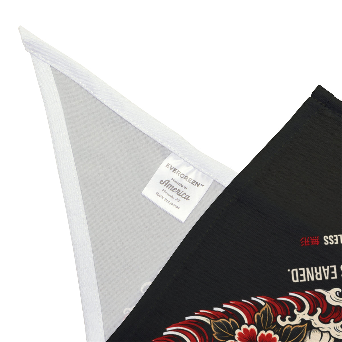 MANEKI dog bandana in black with lucky cat, red flowers and waves print, corner detail with hem and care label | Formless