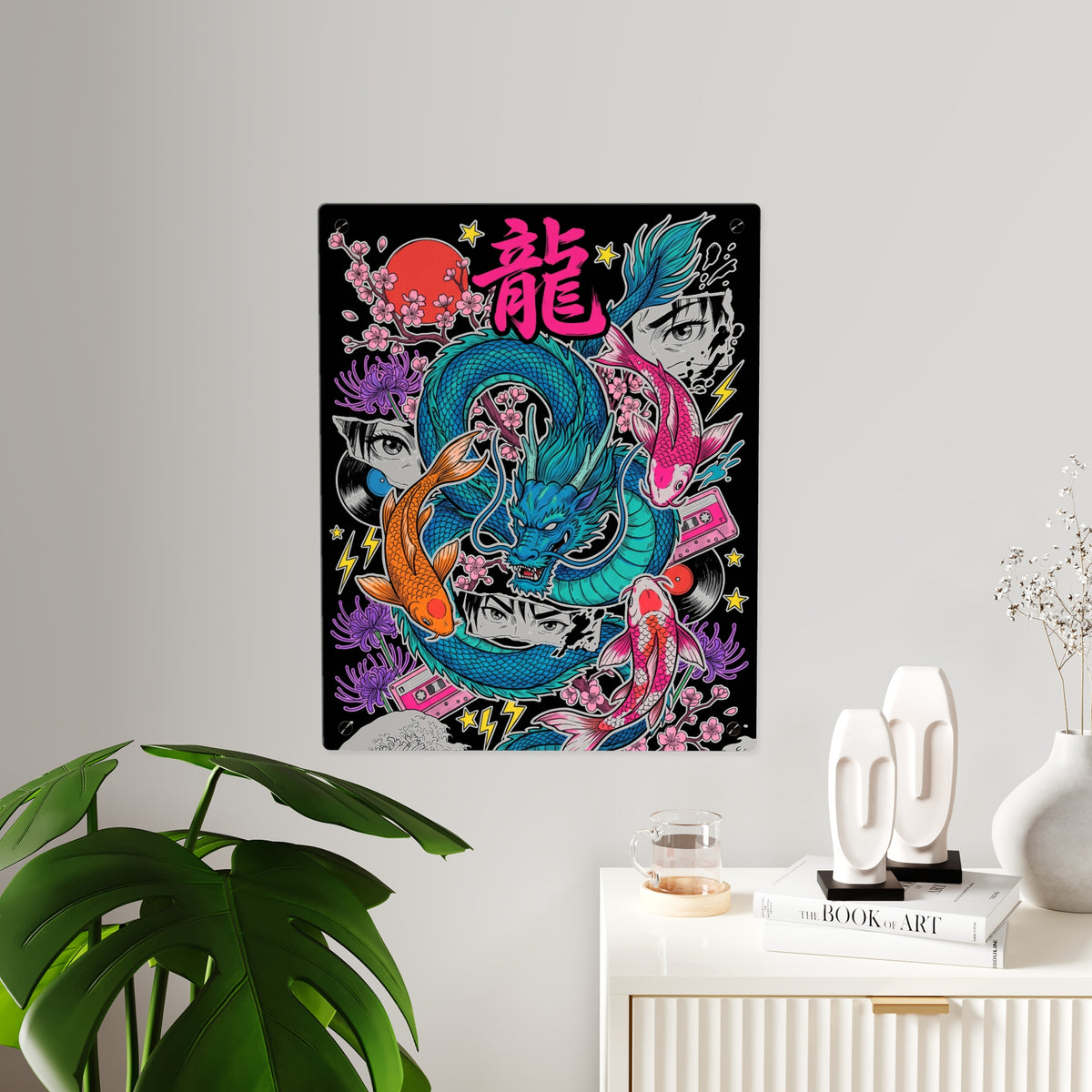 RYŪ KOI DRAGON acrylic wall art panel, larger panel on a white wall beside a plant and sideboard | Formless