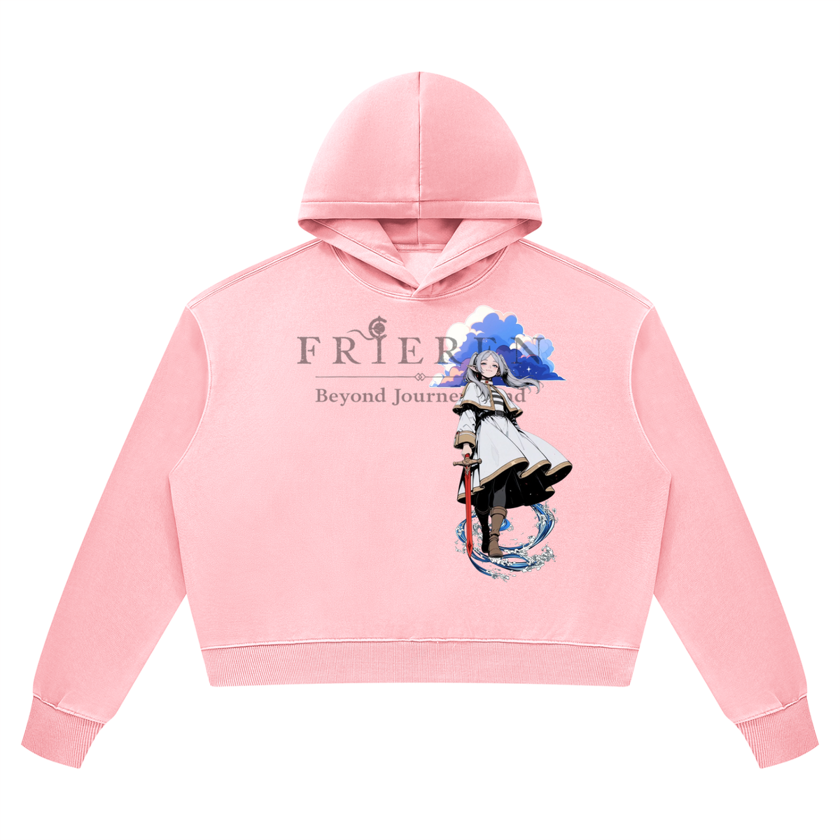 Women's vintage wash cropped hoodie in Pink, flat front view with illustrated chest graphic | Formless