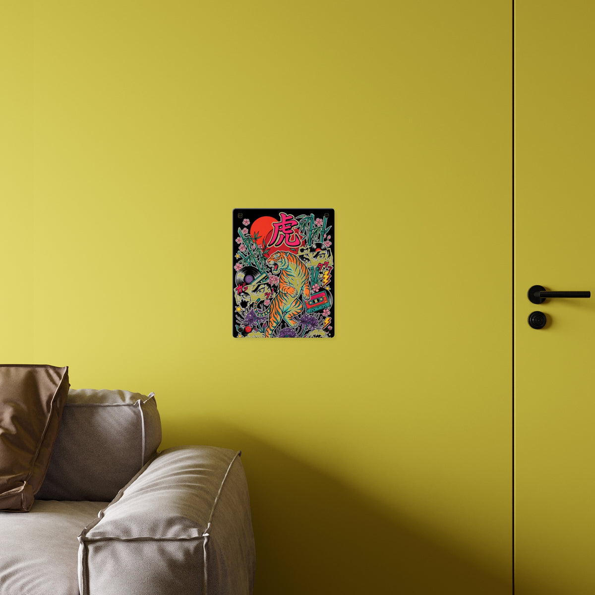 TORA TIGER acrylic wall art panel on a yellow wall above a sofa | Formless