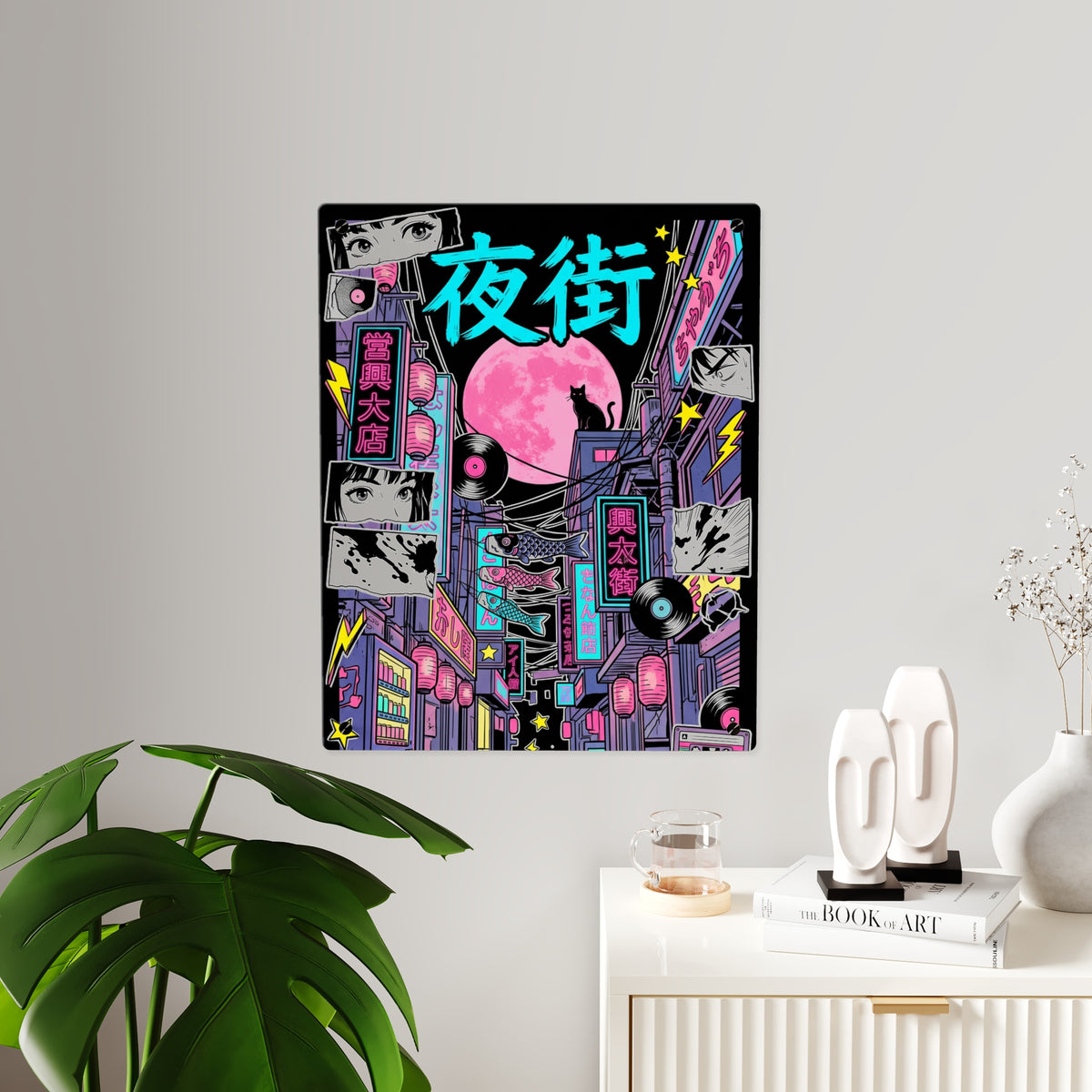 YORU MACHI NEON ALLEY acrylic wall art panel, larger panel on a white wall beside a plant and sideboard | Formless
