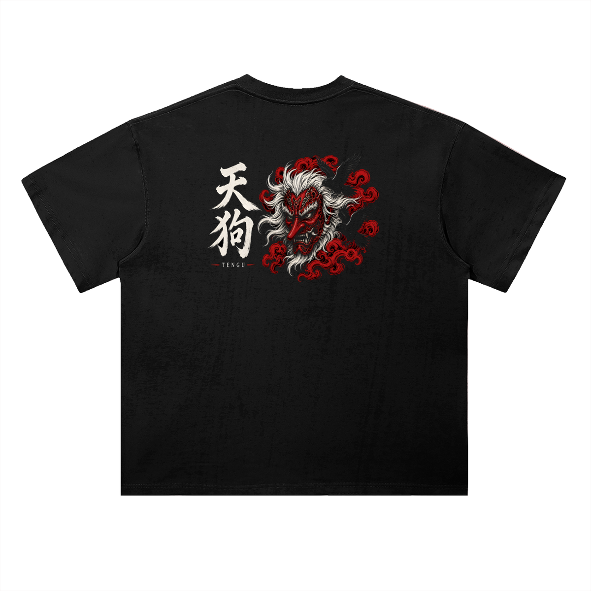 TENGU 天狗 heavyweight tee in black, back view: a tengu mountain goblin mask ringed by crows, with 天狗 kanji | Formless