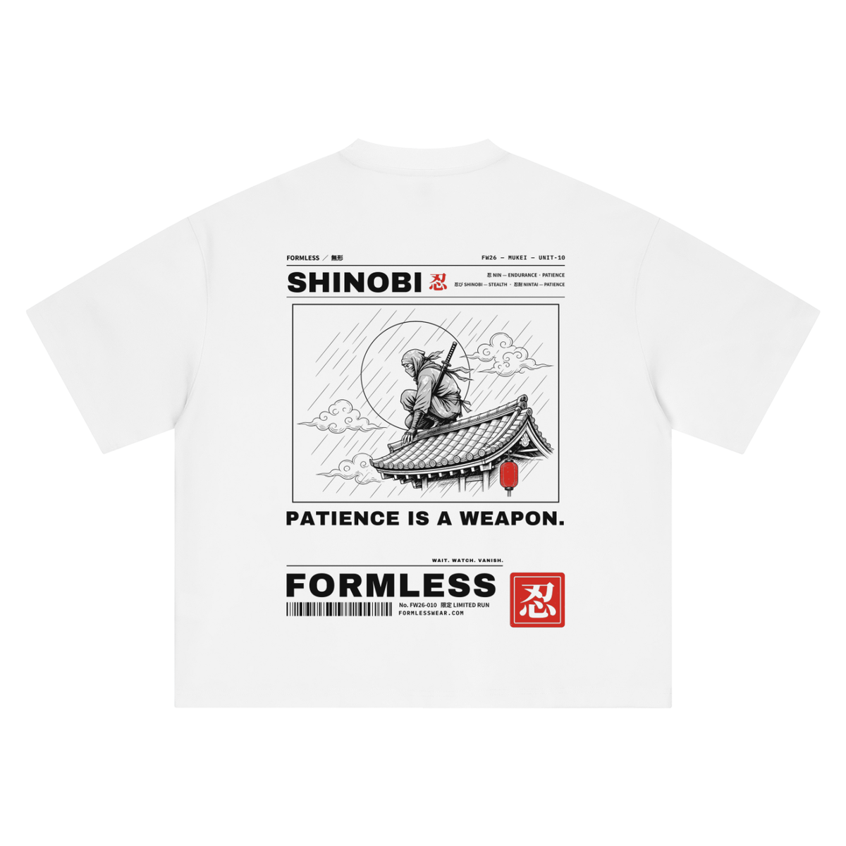 SHINOBI heavyweight boxy tee in White, back view with ninja on a temple rooftop graphic | Formless