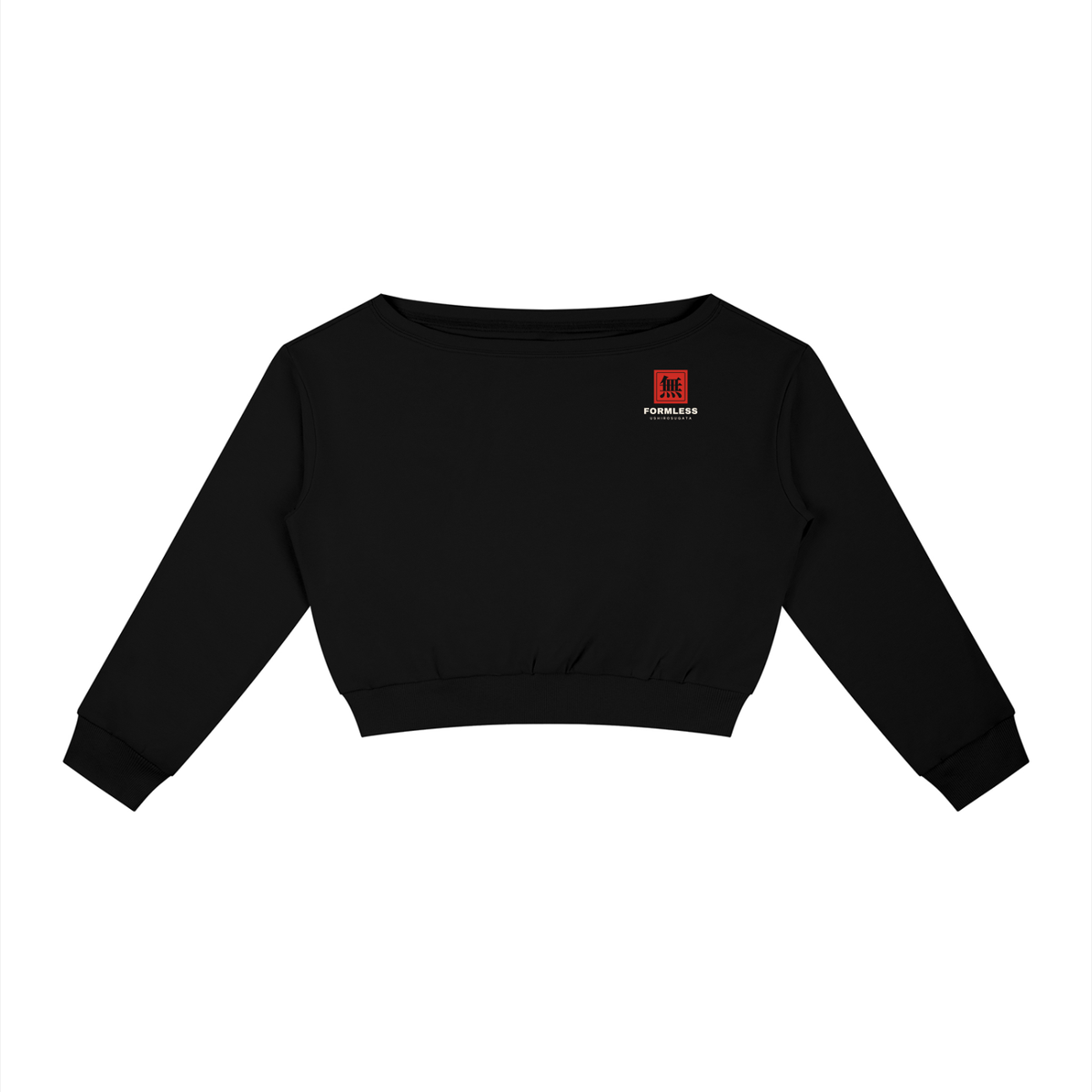 USHIROSUGATA women's off-shoulder sweatshirt in Black, front view | Formless