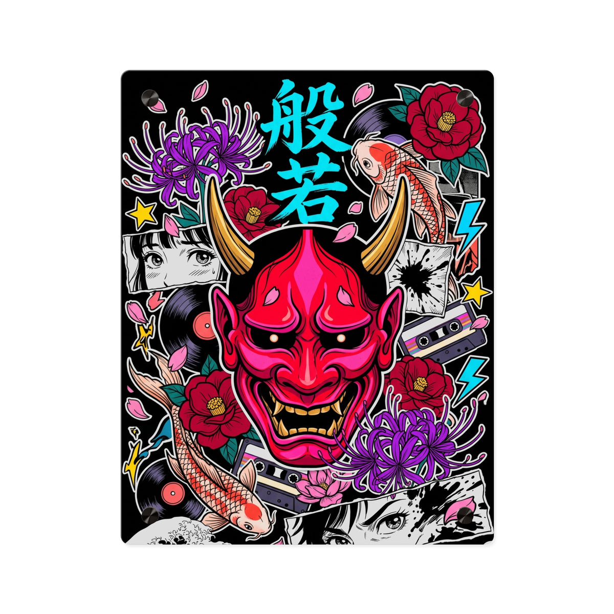 HANNYA acrylic wall art panel, front view with a crimson hannya mask on black | Formless