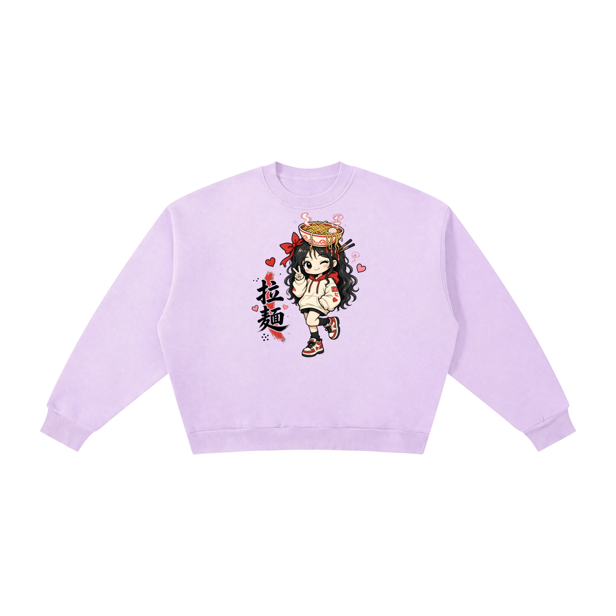 RAMEN GIRL 拉麺 boxy fleece sweatshirt in Light Purple, front view: a ramen girl with a ramen bowl on her head and 拉麺 brush kanji | Formless
