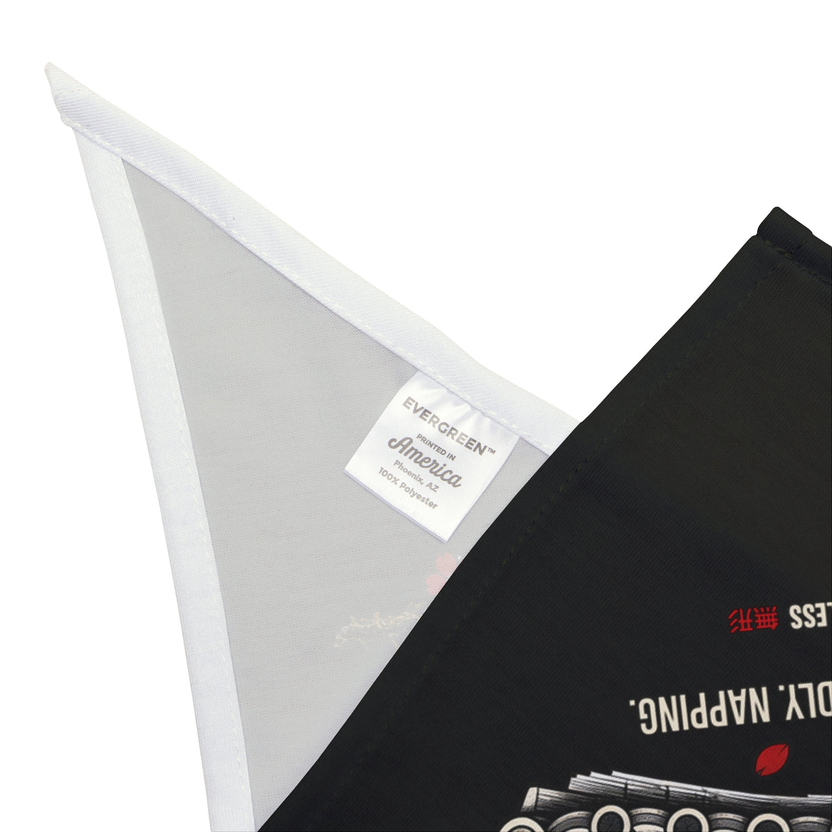 SHINOBI dog bandana in black with ninja, crescent moon and red blossoms print, corner detail with hem and care label | Formless