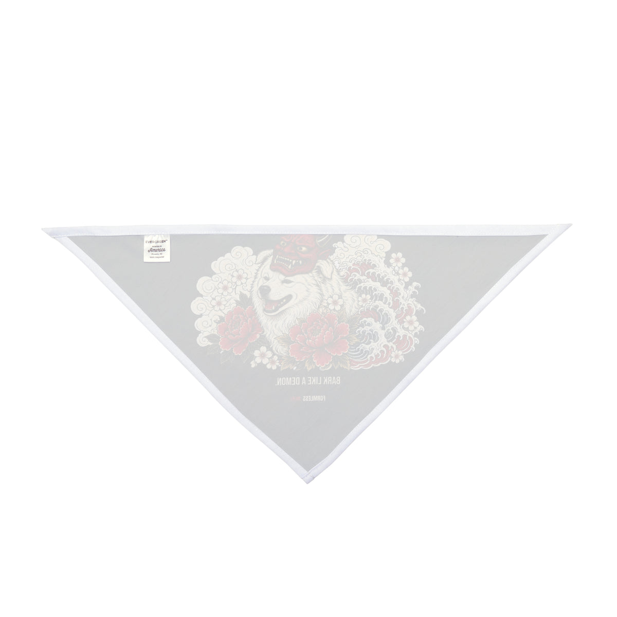 ONI dog bandana in black with red oni mask, white dog, waves and flowers print, inside lining view | Formless